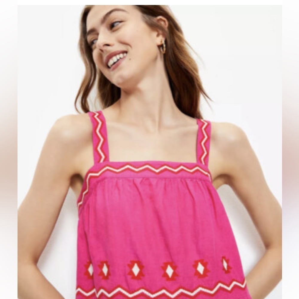 Loft women’s square neck, embroidered pink Cami top linen mix sz SP preloved - Picture 2 of 9